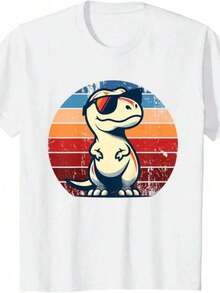 Printed T-Shirts For Women, Plus-Size Urban Style Tops, Comfortable And Stylish Summer T-Shirts That Go With Everything. Fun Retro T-Rex Dinosaur T-Shirt For Women, Cartoon Print Design, Short Sleeves, Summer Clothing For Women. - 白色 - 查看 1
