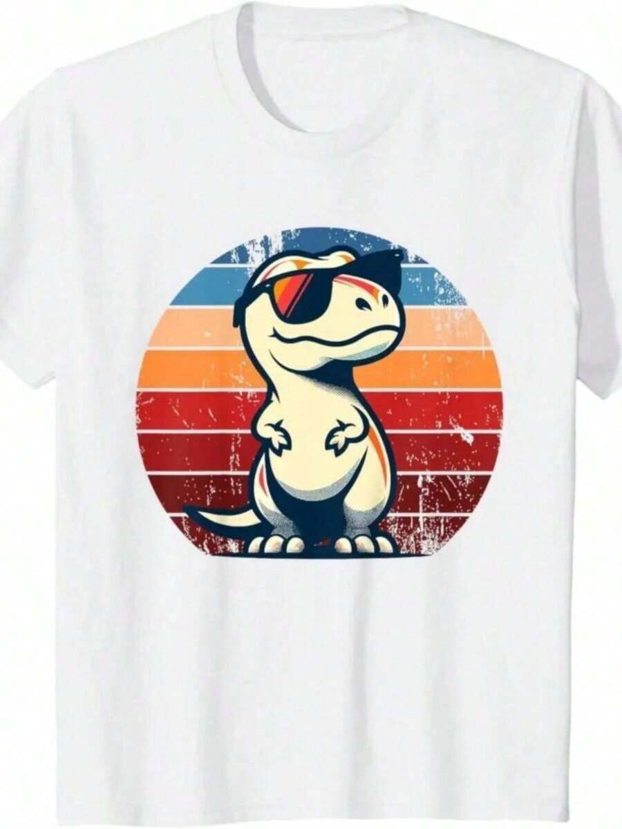 Printed T-Shirts For Women, Plus-Size Urban Style Tops, Comfortable And Stylish Summer T-Shirts That Go With Everything. Fun Retro T-Rex Dinosaur T-Shirt For Women, Cartoon Print Design, Short Sleeves, Summer Clothing For Women. - 白色 - 查看 1