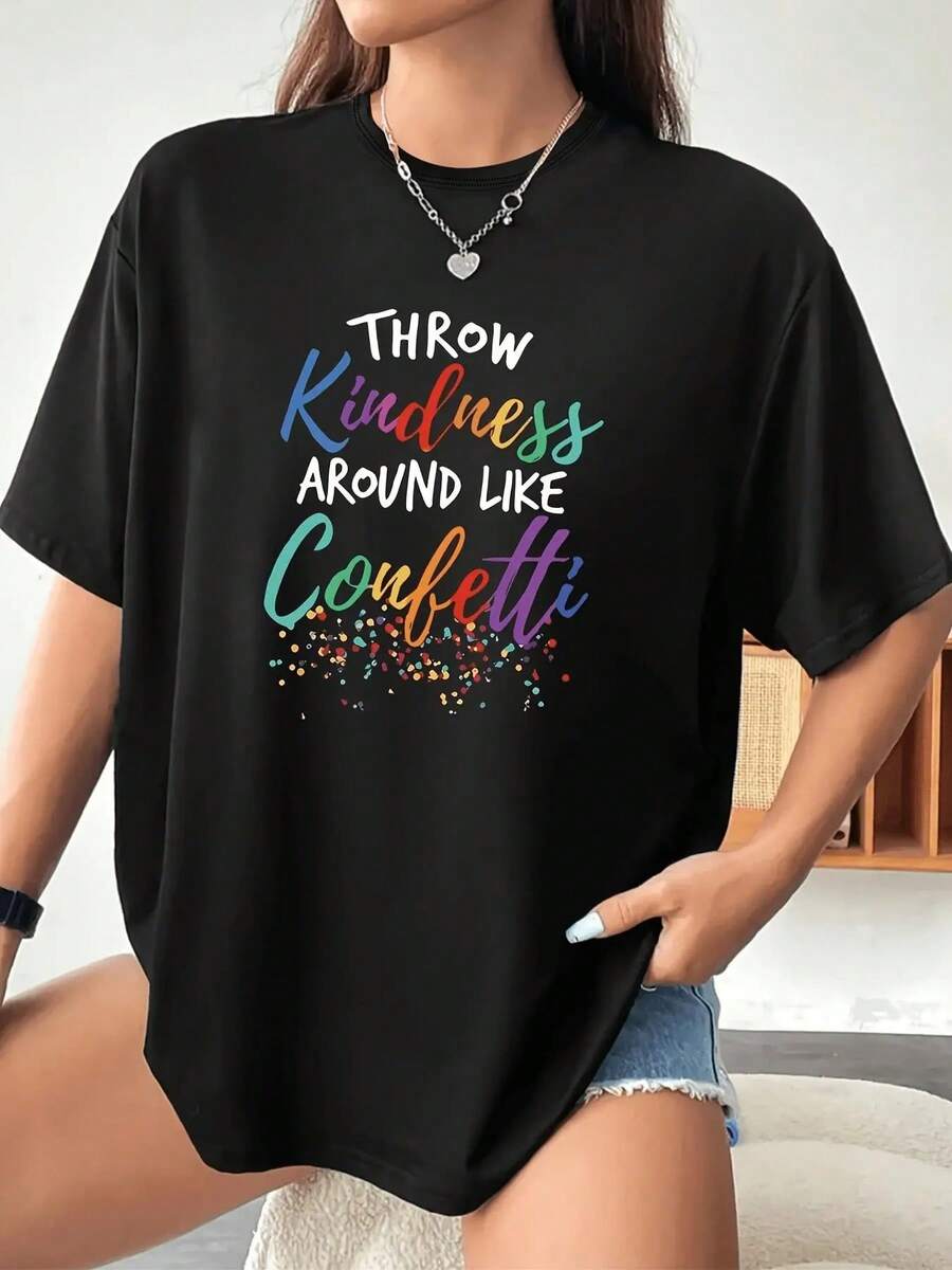 Camiseta Estampada Premium de Verano para Mujer, Talla Grande, Camiseta Casual Estampada para Mujer - Negro - Ver 1