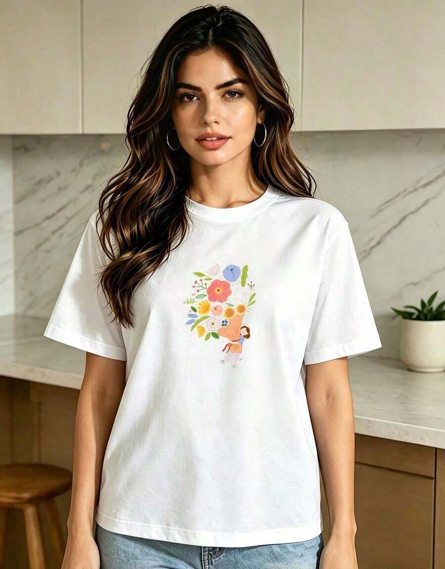 1 Piece Casual Fashion Men's And Women's Crew Neck T-Shirt With Modern Design For Spring And Summer 2026, Stylish Print Ideal For Casual Occasions, Hand-Painted Floral Design In White, White Short Sleeve Loose Fit T-Shirt Made Of Pure Cotton, Versatile And Fashionable Shirt. Versatile, Easy To Match, For Everyday Wear, Urban Style, Vacation Wear, Weekend Wear. - 白色的 - 查看 1
