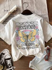 | Exquisite Design | Loose And Comfortable | Easy To Match | [Double-Sided Print] Women's Summer T-Shirt, Vintage Casual Style, Butterfly And Flower Print With The Phrase 'PROTECT YOUR PEA', Round Neck, Pure Cotton, Short Sleeve [Ling] - 白色 - 查看 3