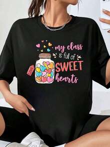 My Classroom Is Full Of Sweet Hearts, Love Jar Print T-Shirt For Teachers, Women's Casual Summer Top, Valentine's Day Gift For Teachers - 黑色 - 查看 1