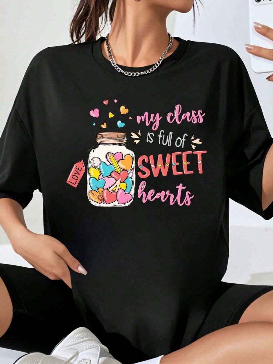 My Classroom Is Full Of Sweet Hearts, Love Jar Print T-Shirt For Teachers, Women's Casual Summer Top, Valentine's Day Gift For Teachers - 黑色 - 查看 1