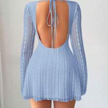 Vestido mini ajustado de encaje de estilo elegante, romántico y sexy para mujer, adecuado para fiestas, vacaciones, vuelta al colegio, citas románticas, bodas y cumpleaños - Manga larga - Celeste - Ver 1