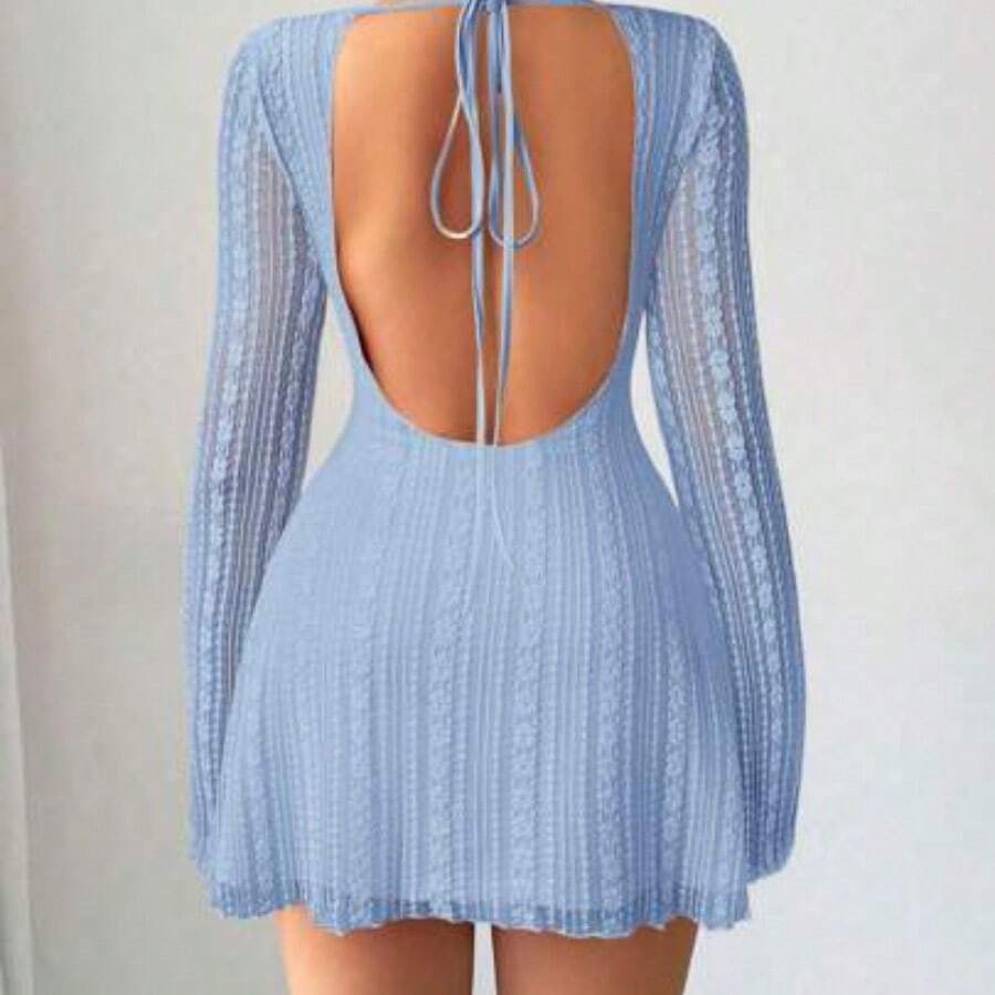 Vestido mini ajustado de encaje de estilo elegante, romántico y sexy para mujer, adecuado para fiestas, vacaciones, vuelta al colegio, citas románticas, bodas y cumpleaños - Manga larga - Celeste - Ver 1