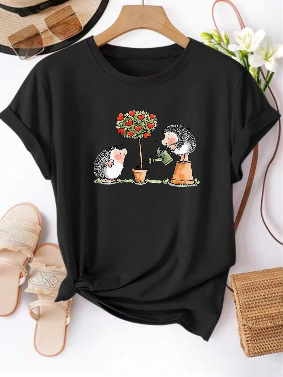 Short-Sleeved T-Shirt With A Print Of Two Small Hedgehogs Planting Trees, Round Neck Top For Women, Casual T-Shirt, Suitable For Daily Wear In Spring/Summer, Women's Clothing. - Black - View 1