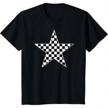 Camiseta de carreras a cuadros en blanco y negro con diseño de estrella - Negro - Ver 4