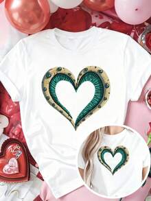 Plus Size - Women's Steel Inspired Heart Design T-Shirt, The Best Fashion Choice For Valentine's Day, Short Sleeve Printed T-Shirt With Round Neck, Suitable For Summer And Autumn, An Ideal Gift For Thanksgiving, Christmas And New Year. - 白色 - 查看 1