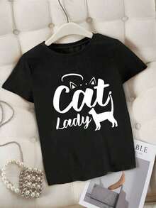 Camiseta estampada de mujer Diseño Cat Lady con silueta de gato,ideal para amantes de los felinos.Cómoda y original. - Negro - Ver 1