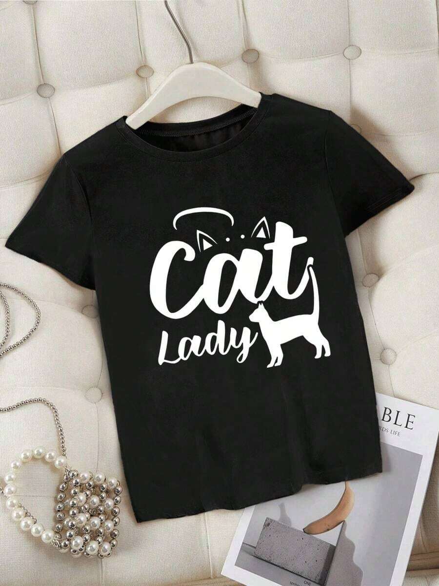 Camiseta estampada de mujer Diseño Cat Lady con silueta de gato,ideal para amantes de los felinos.Cómoda y original. - Negro - Ver 1