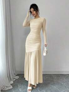 Vestido largo de manga larga con cuello redondo y malla para mujer, vestido casual de otoño.Adecuado para ropa de otoño, atuendo de regreso a clases, atuendo de maestro - Beis - Ver 1