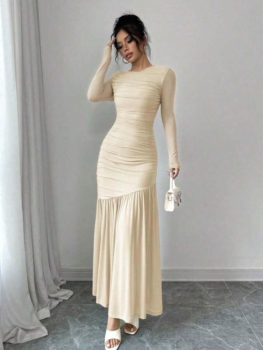 Vestido largo de manga larga con cuello redondo y malla para mujer, vestido casual de otoño.Adecuado para ropa de otoño, atuendo de regreso a clases, atuendo de maestro - Beis - Ver 1