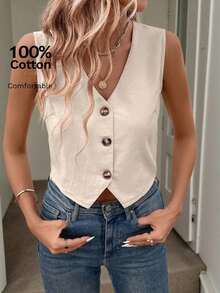 Blusa informal sin mangas de unicolor para oficina en verano, blusas sin mangas - Caqui - Ver 3