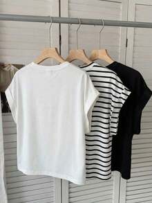 Set de 3 camisetas casuales de mujer de cuello redondo y hombros caídos, en blanco y negro + rayas blancas y negras, adecuadas para primavera y verano - Multicolor 4 - Ver 2