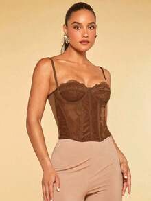 Top de tirantes bustier ribete con encaje - Marrón - Ver 7