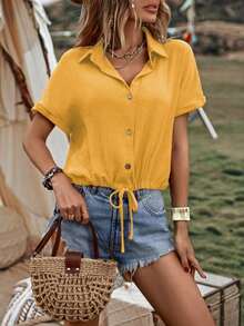 Camisa de verano para mujer, casual, suelta, de un solo botón y unicolor - Amarillo - Ver 6