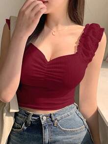 Blusa de manga larga con cuello de corazón y drapeado, ropa de otoño - Burdeos 2 - Ver 6
