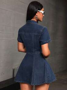 Vestido corto de mezclilla casual con botones para mujer, manga corta y cierre frontal con botones - Azul marino - Ver 5