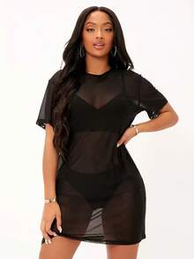 Vestido de hombros caídos de malla transparente - Negro - Ver 6