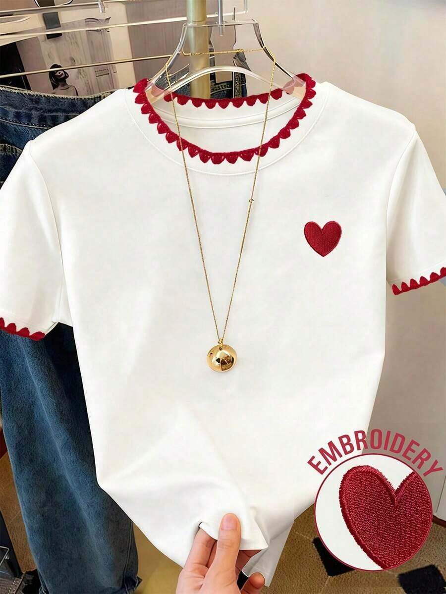 Camiseta gráfica para mujer, nuevo diseño de verano, blanca con bordado de corazón rojo y diente de perro, para uso al aire libre, estilo callejero, uso casual, citas, camiseta de manga corta para mujer - Blanco - Ver 1