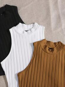 Top de tanque casual sólido de cuello redondo acanalado para el verano - Multicolor 5 - Ver 4
