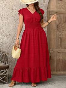 Vestido largo de tela texturizada con dobladillo fluido para mujer de talla, vestido de verano para graduación, 4 de julio, vestido maxi blanco para graduación, vestido maxi rojo con volantes, vestido casual para mujer, vestido casual rojo con volantes, vestido de vacaciones, ropa occidental para mujer, ropa urbana vintage para mujer, vestido maxi casual rojo con volantes, vestido maxi de verano, vestido de vacaciones rojo, atuendos festivos para mujer - Púrpura malva - Ver 7