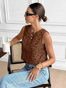 Blusa sin mangas casual y versátil con cuello redondo, decoración de moño y jacquard - Marrón - Ver 2