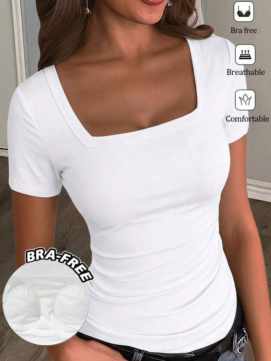 Camiseta blanca básica, casual y sencilla con cuello en V, manga corta, ajustada, con fruncido lateral, acanalada y elástica para mujeres, para el verano - Blanco 3 - Ver 1