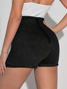 Tall Falda pantalón de mezclilla casual y de uso diario con abertura lateral, para verano - Negro - Ver 3