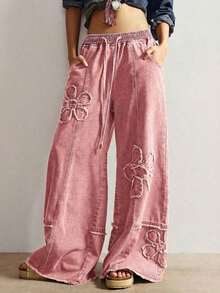 Jeans de pierna ancha de unicolor casual para mujer - Rosa - Ver 10