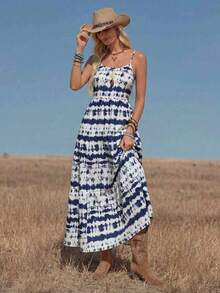 Vestido casual sin mangas con lazo para primavera y verano, atuendos de verano para mujer, vestidos de verano para mujer, atuendos de vacaciones, vestido de playa de verano para mujer, vestido de vacaciones estilo boho y fairycore, vestido sin esp - Azul y blanco - Ver 1