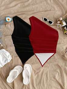2 piezas de blusas de verano para mujer con dobladillo asimétrico y tirantes, color negro y rojo, adecuado para el verano - Multicolor 3 - Ver 4