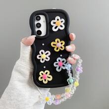 1 chiếc vòng tay đính hạt 5 bông hoa trong suốt + ngọc trai + hoa nhiều màu sắc, ốp lưng điện thoại họa tiết sóng, chống sốc, phù hợp với dòng điện thoại Android [Phiên bản quốc tế, không phải phiên bản nội địa] S26Ultra/S25/S24/S23S22/S21, Honor X5/X6/X7/X8/X9, A3X/A5/A6, - màu đen - Xem 2