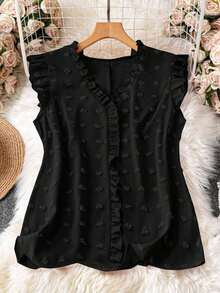 Blusa sin mangas de talla grande para vacaciones casuales con parches de puntitos suizos de mezcla de estilos y dobladillo con volantes - Negro - Ver 1