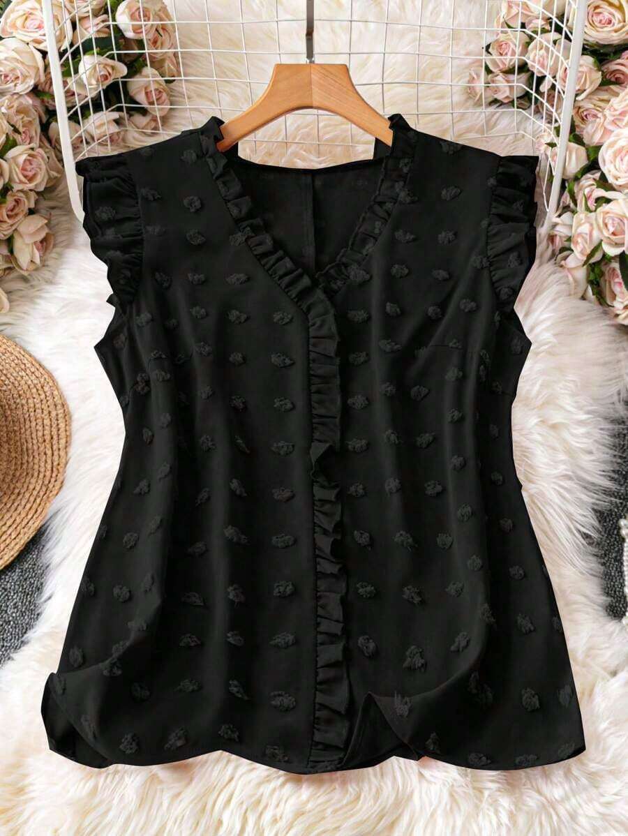 Blusa sin mangas de talla grande para vacaciones casuales con parches de puntitos suizos de mezcla de estilos y dobladillo con volantes - Negro - Ver 1
