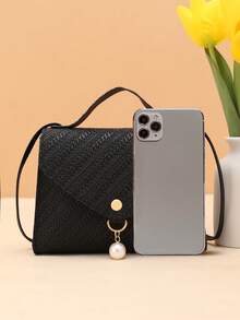Solid Color Grass Texture Pearl Pendant Crossbody Handbag - Black - View 4