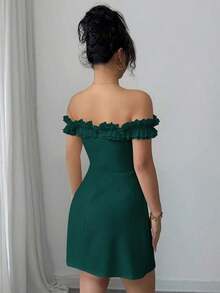 Vestido romántico con hombros descubiertos y volantes en la cintura para mujeres - Verde Oscuro - Ver 2