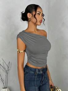 Blusa de verano con hombros asimétricos fruncidos en unicolor para mujer - Gris Oscuro - Ver 4