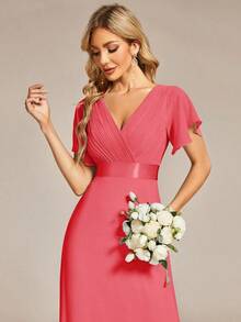 Vestido de dama de honor con cuello en V elegante, mangas con volantes y mariposa, color verde salvia, vestido de invitada de boda, vestido de primavera semi-formal para boda, fiesta de cumpleaños, graduación, Día de San Valentín - Rosado Sandía - Ver 5