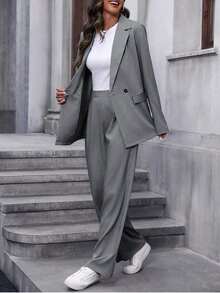 Conjunto de traje informal de mujer con solapa, manga larga y holgado - Gris Oscuro - Ver 6