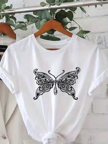 Limited Time Offer, Limited Quantities, Flash ! Women's Casual Shirts, Women's Polyester T-Shirts, Elegant Shirts. Fashionable Round Neck T-Shirt With Prints, Labeled As Women's Clothing - 白色 - 查看 1