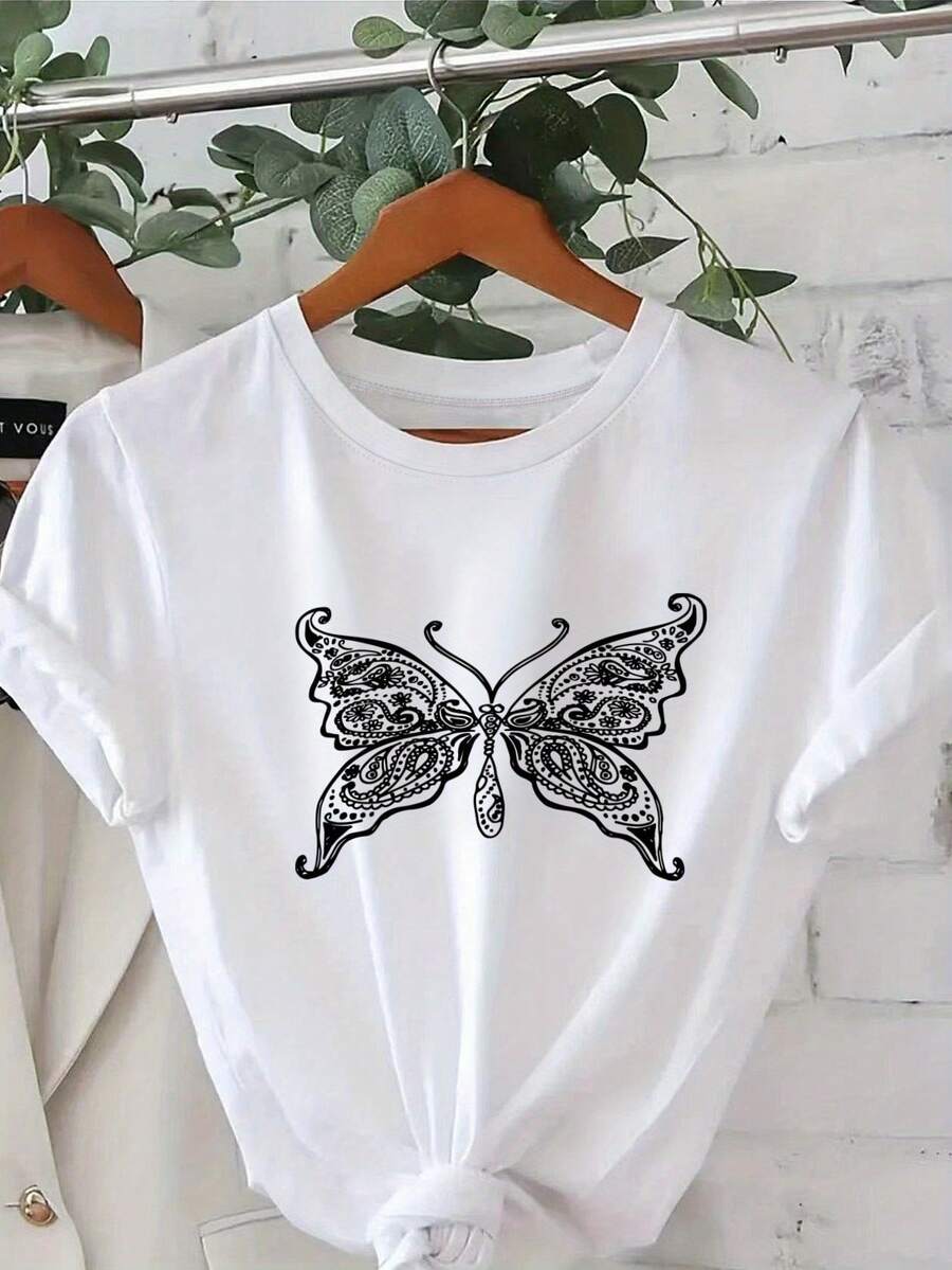 Limited Time Offer, Limited Quantities, Flash ! Women's Casual Shirts, Women's Polyester T-Shirts, Elegant Shirts. Fashionable Round Neck T-Shirt With Prints, Labeled As Women's Clothing - 白色 - 查看 1