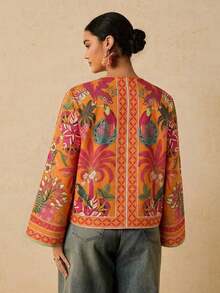 Camisa casual versátil de uso diario con estampado floral y nudo delantero para mujer de talla grande - Naranja - Ver 2