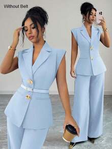 Conjunto de blazer de unicolor con decoración de hebilla metálica y bolsillo falso + pantalones rectos de cintura alta y sueltos, estilo vintage francés elegante para oficina, viajes, negocios, casual, citas, primavera/verano - Azul - Ver 8