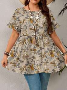 Camisa con estampado todo sobre y mangas con volantes, estilo casual de resort, tallas grandes.Atuendos de verano para mujer/Verano, ropa de mujer para vacaciones tropicales - Blanco - Ver 4