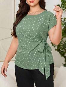 Camisa casual de manga corta con diseño plisado y teñido anudado para mujer de talla grande, adecuada para vacaciones, fiestas y salidas - Verde 2 - Ver 1