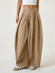 Pantalones anchos de verano con dobladillo curvo verde, estilo vintage, casual y para salir - Caqui - Ver 3