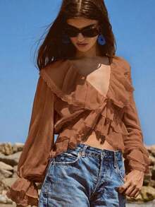 Blusa con botones y mangas con volantes con estampado floral de verano - Marrón - Ver 3