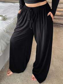 Plus Size Women's Straight Leg Pajama Pants With Elastic Waist And Drawstring, Solid Color Lounge Pants For Autumn And Winter - Hitam - View 10