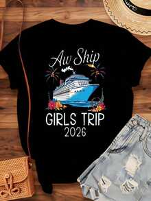 Women's Cotton T-Shirts Aw Ship Its A Girls Trip 2026, Women's Cruise T-Shirt, Tropical Design For Summer Vacation, Gift For Friends, Cruise Party Outfit, Women's Basic Blouses. - 黑色 - 查看 3